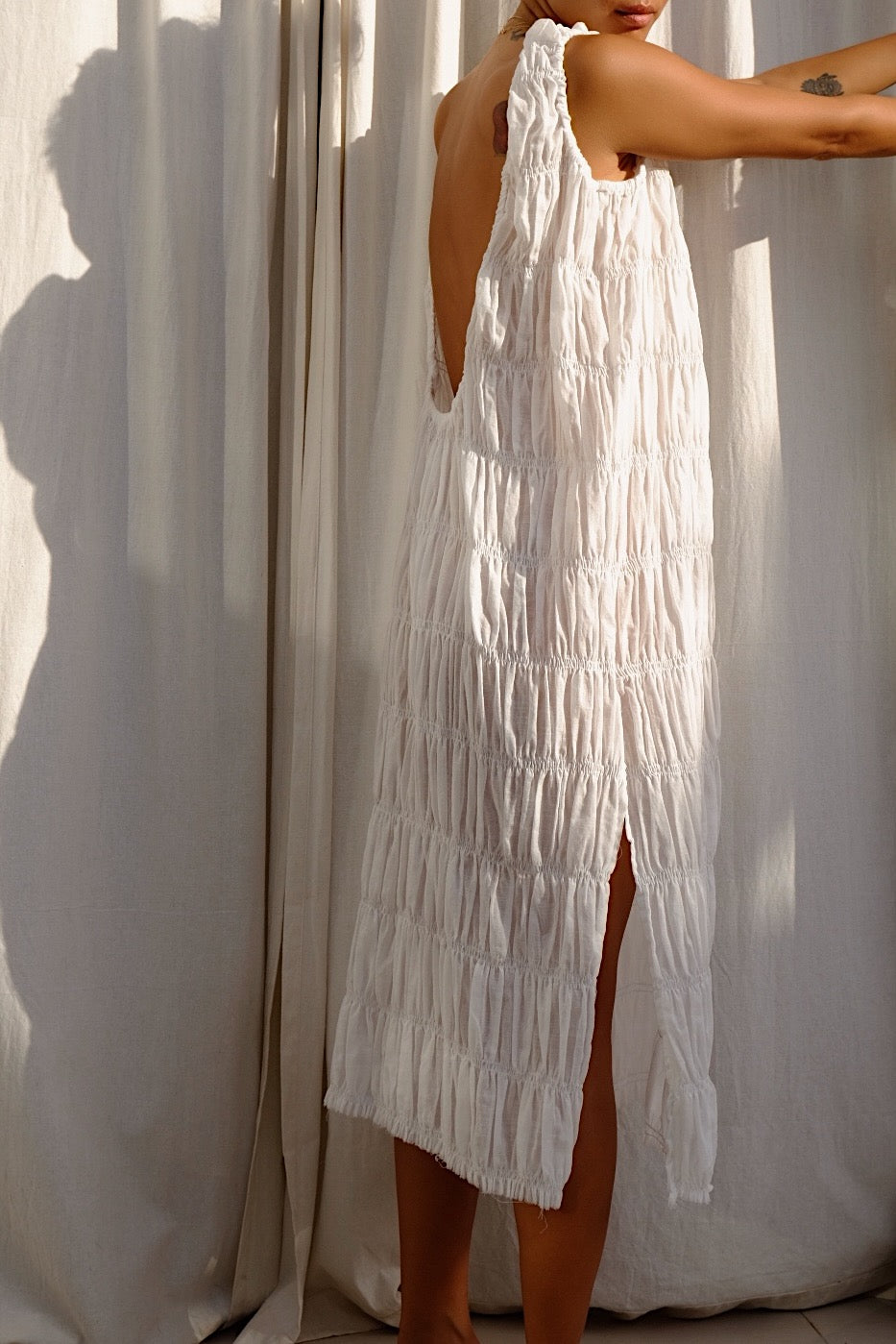 soft elasticated sheer cotton low back midi dress