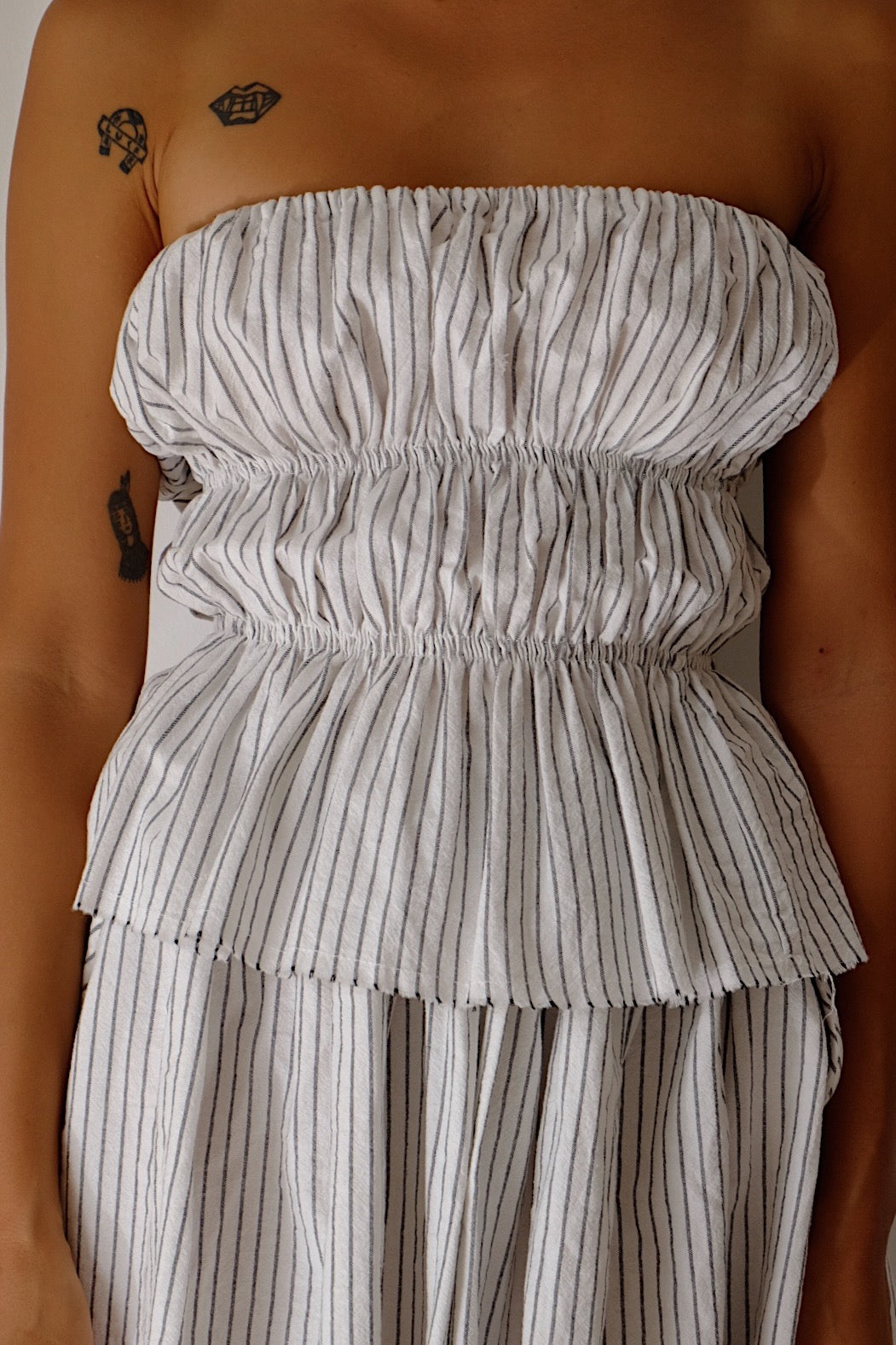 cotton stripe bandeau frill top