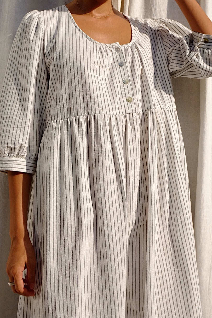 cotton stripe puff sleeve long dress with shell buttons