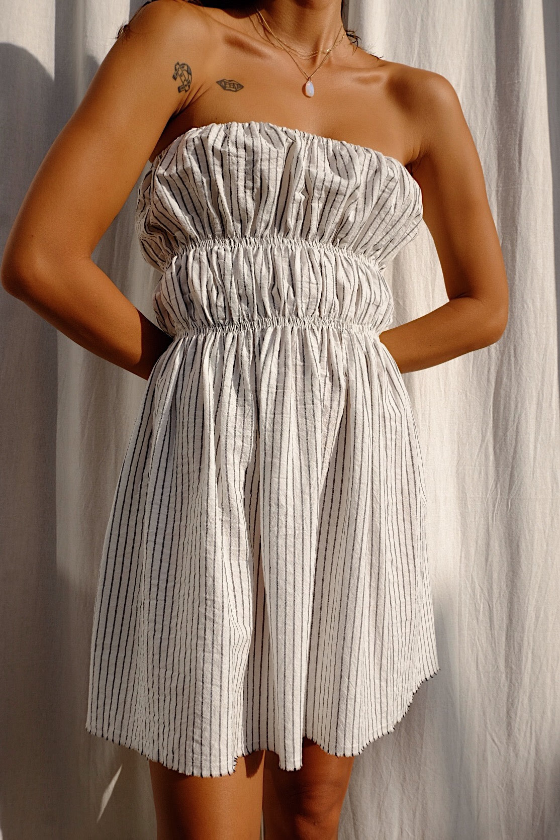 cotton stripe strapless tube top mini dress