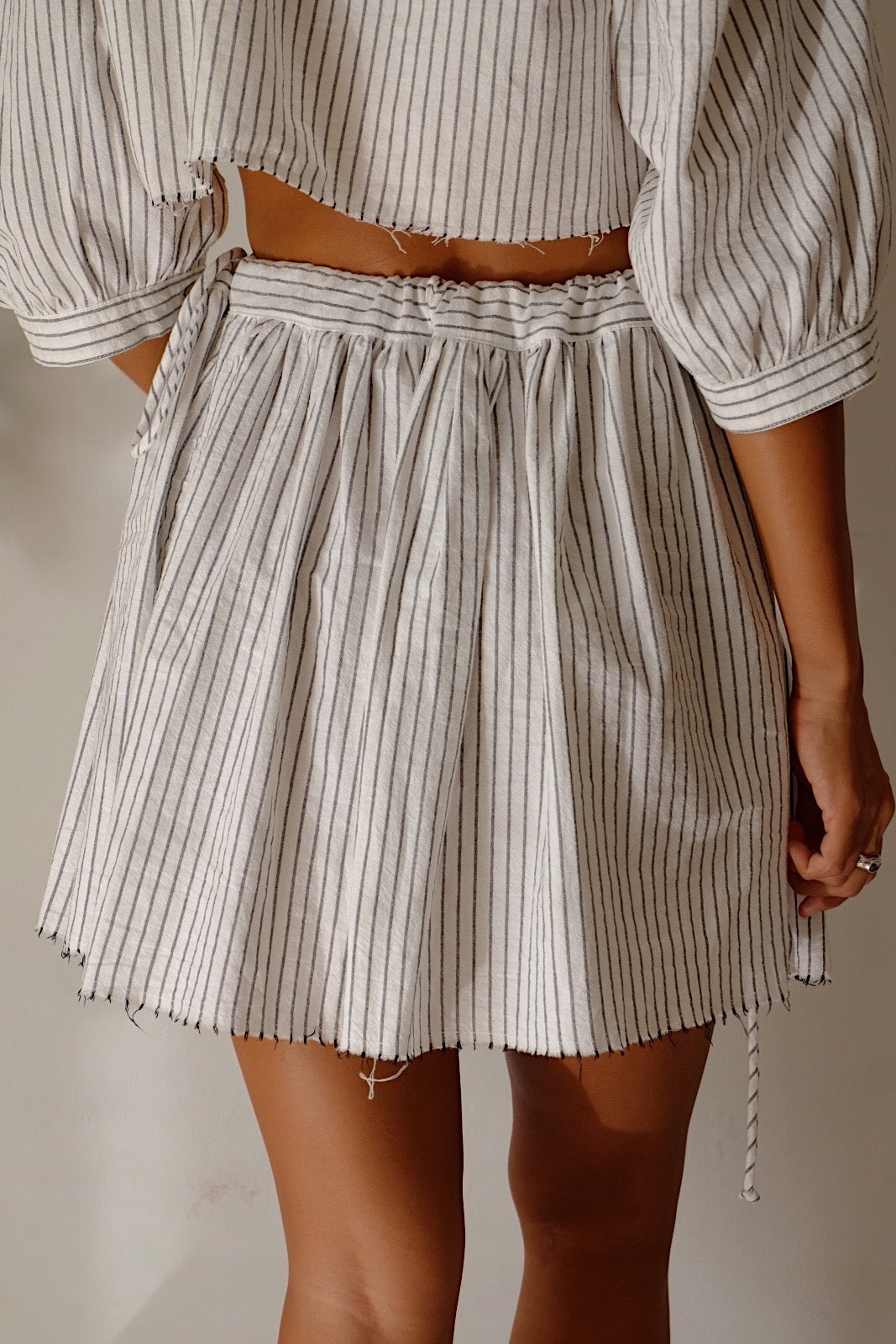 cotton stripe side tie mini skirt