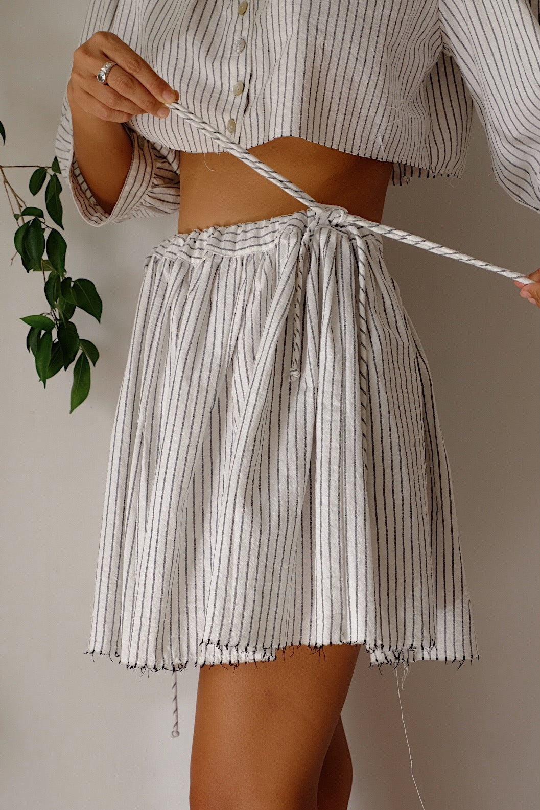 cotton stripe side tie mini skirt